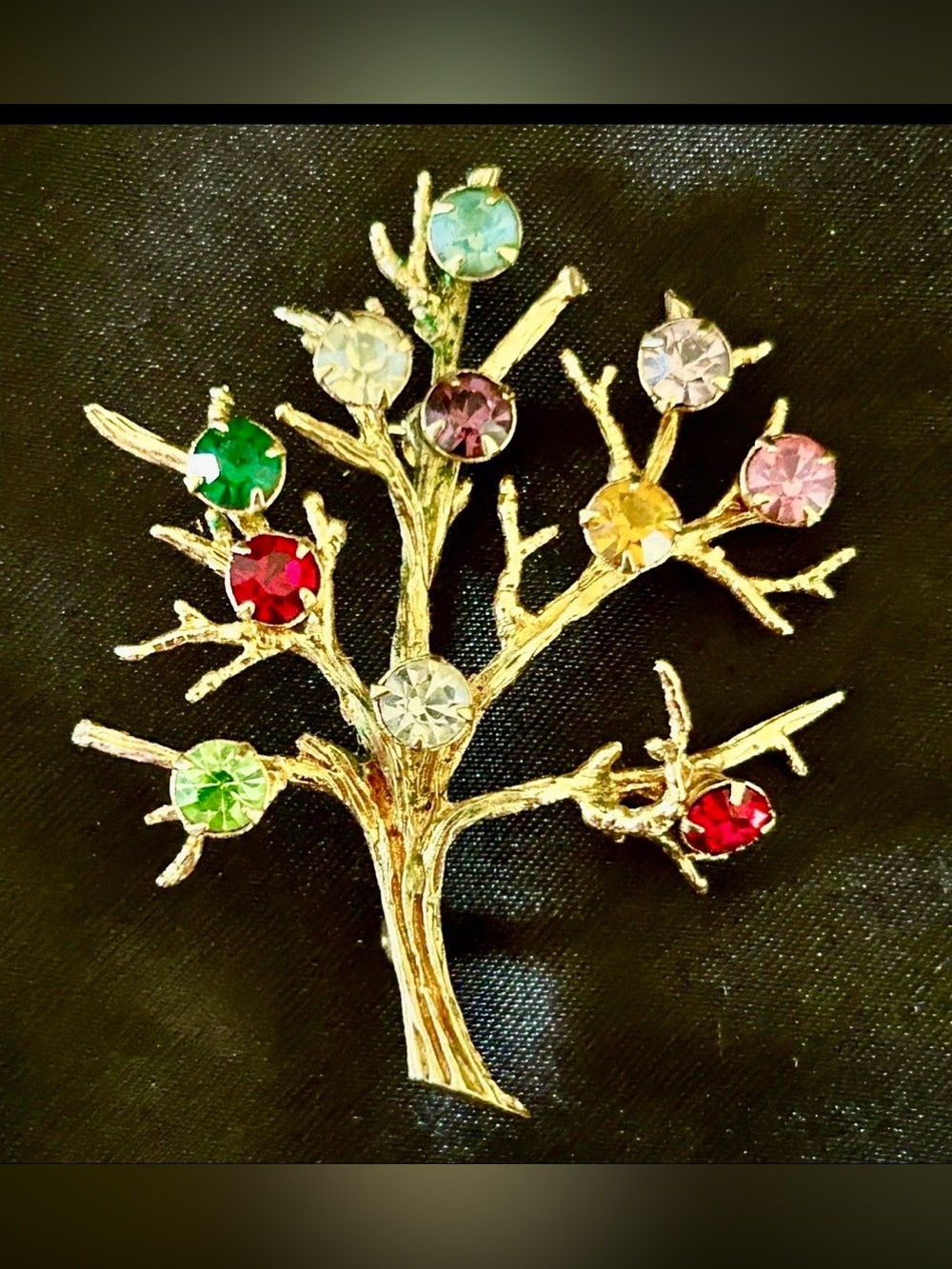 Vintage Gold Tree Branch Brooch with Multicolored Gem Accents